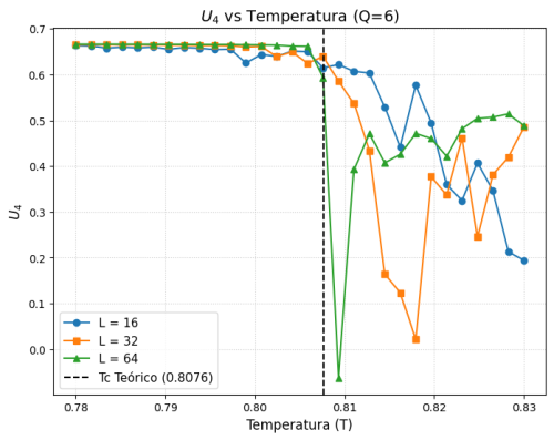 Cumulante U4 pela temperatura para Q=6. O início da deformação sutil das curvas sinaliza o regime fracamente de primeira ordem.
